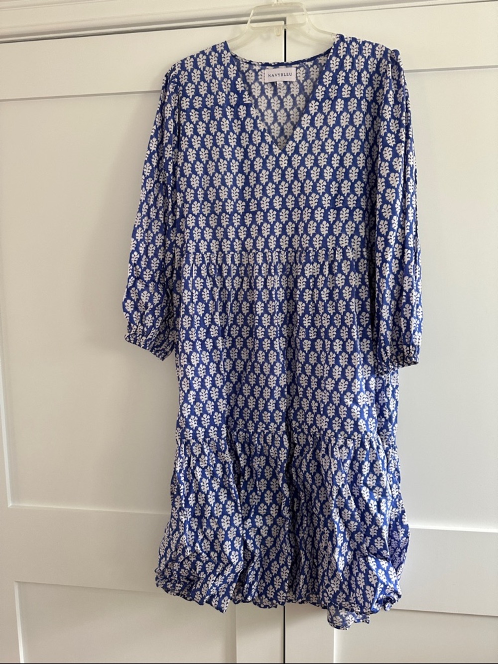 Navy Blue Floral Print V-Neck Dress by